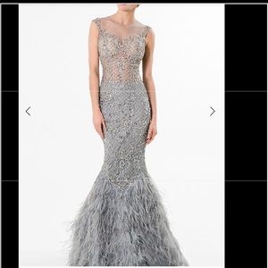 Long Silver feathered mermaid style prom dress